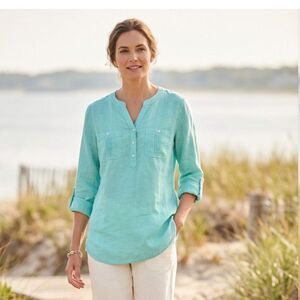 Talbots Coastal Euro Resort 100% Linen Popover Tunic Sz. M Mint Green Roll Tab